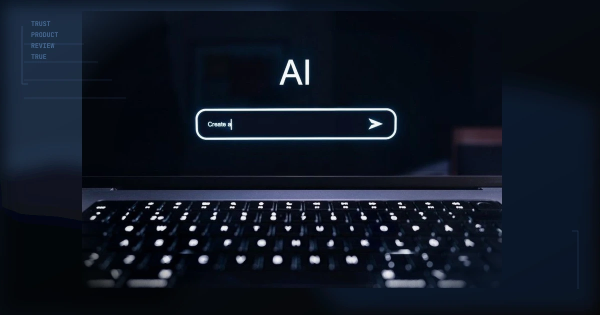 Laptop screen showing a minimal AI prompt interface, suggesting generative tools used with human judgment