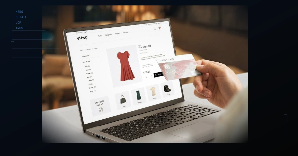 Online checkout: credit card in hand while viewing a product page on a laptop