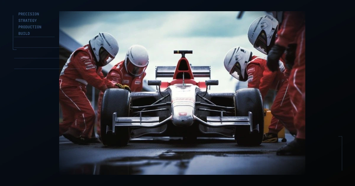 Formula One pit crew in red at a coordinated stop, suggesting precision and production execution