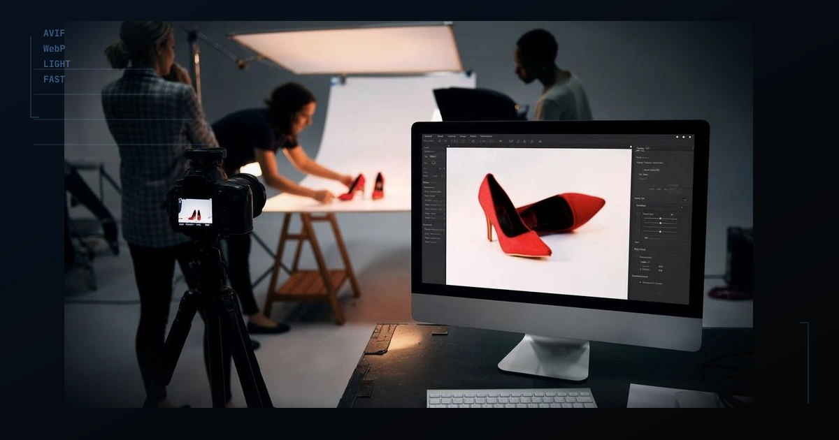 Product photography studio with red heels on set and on a retouching monitor