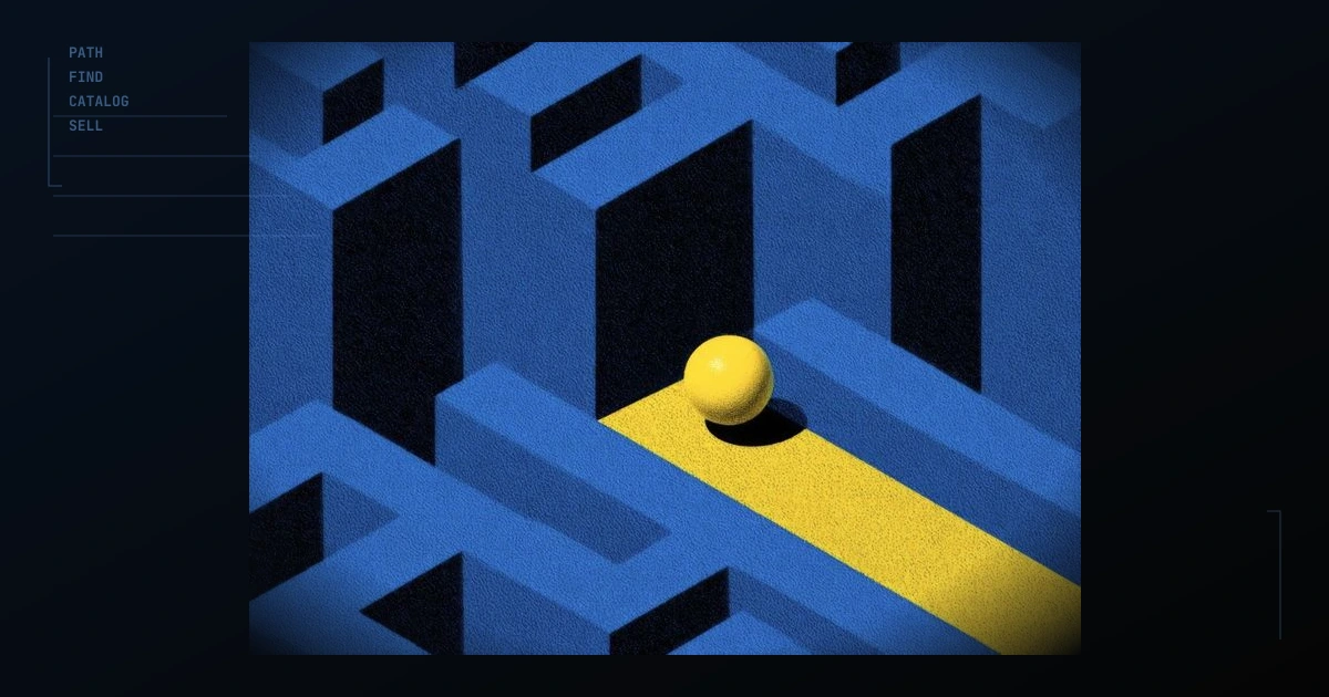 Blue maze with a yellow path and sphere, suggesting a clear route for buyers through a confusing catalog