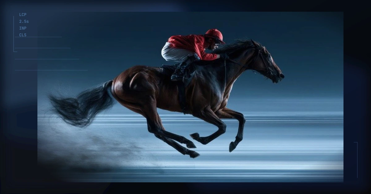 Racehorse at full gallop, motion blur suggesting speed and web performance